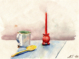 Titel: Akvarell: Stilleben med stearinljus - Beskrivning: Akvarell: Stilleben med stearinljus
