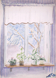 Titel: Akvarell: Vinterfönster - Beskrivning: Akvarell: Vinterfönster