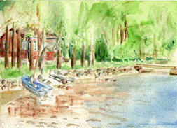 Titel: Akvarell: Gamla stugan vid Skagern - Beskrivning: Akvarell: Gamla stugan vid Skagern